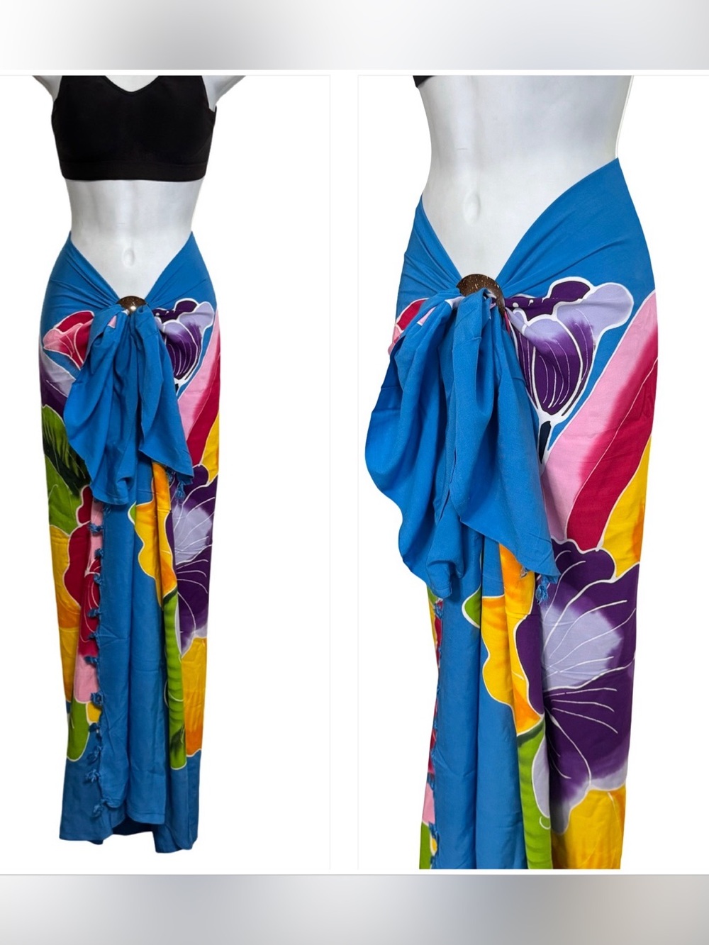 Blue Floral Tie-Front Sarong Wrap Skirt - Women Swim